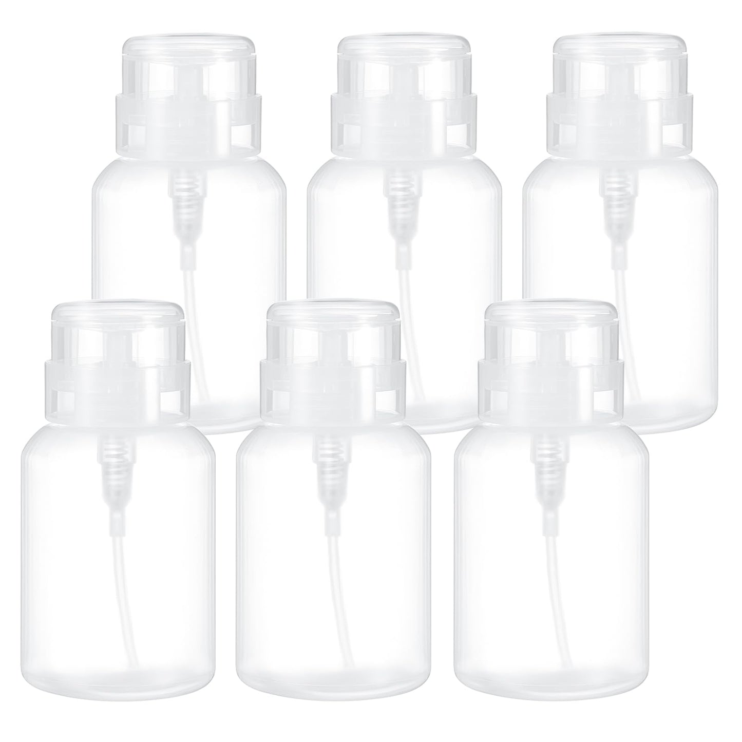 Layhit 6 Pack 6.8 oz (200ml) Push Down Lockable Pump Dispenser Bottle with Stickers, Alcohol Push Down Empty Refillable Container for Nail Polish Remover, Alcohol & Makeup Remover (Clear Top Cap)