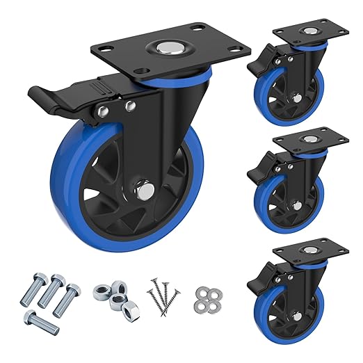 4'' Caster Wheels with Brake, Heavy Duty Casters Set of 4, Swivel Top Plate Casters with Double Ball Bearings, Industrial Locking Castor Wheels for Furniture, Workbench, Cabinet