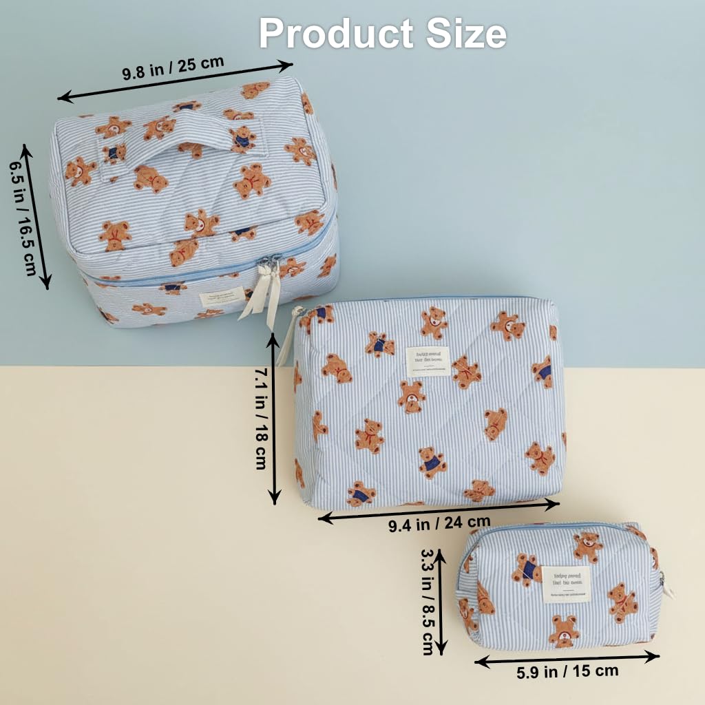 WASTROYAL Women Adorable Quilted Fabric Cosmetic Bag Set, 3-Piece Cartoon Bear Makeup Organizer with Zipper, Easy Travel Home Storage (Pink)