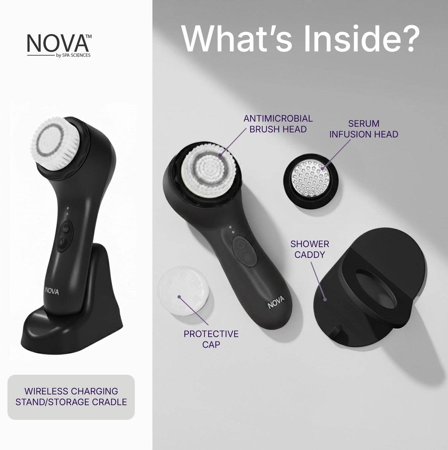 Spa Sciences - NOVA - Sonic Cleansing Brush with Bristles & Infusion System – Anti-Aging Facial Exfoliating, Waterproof, and USB Rechargeable