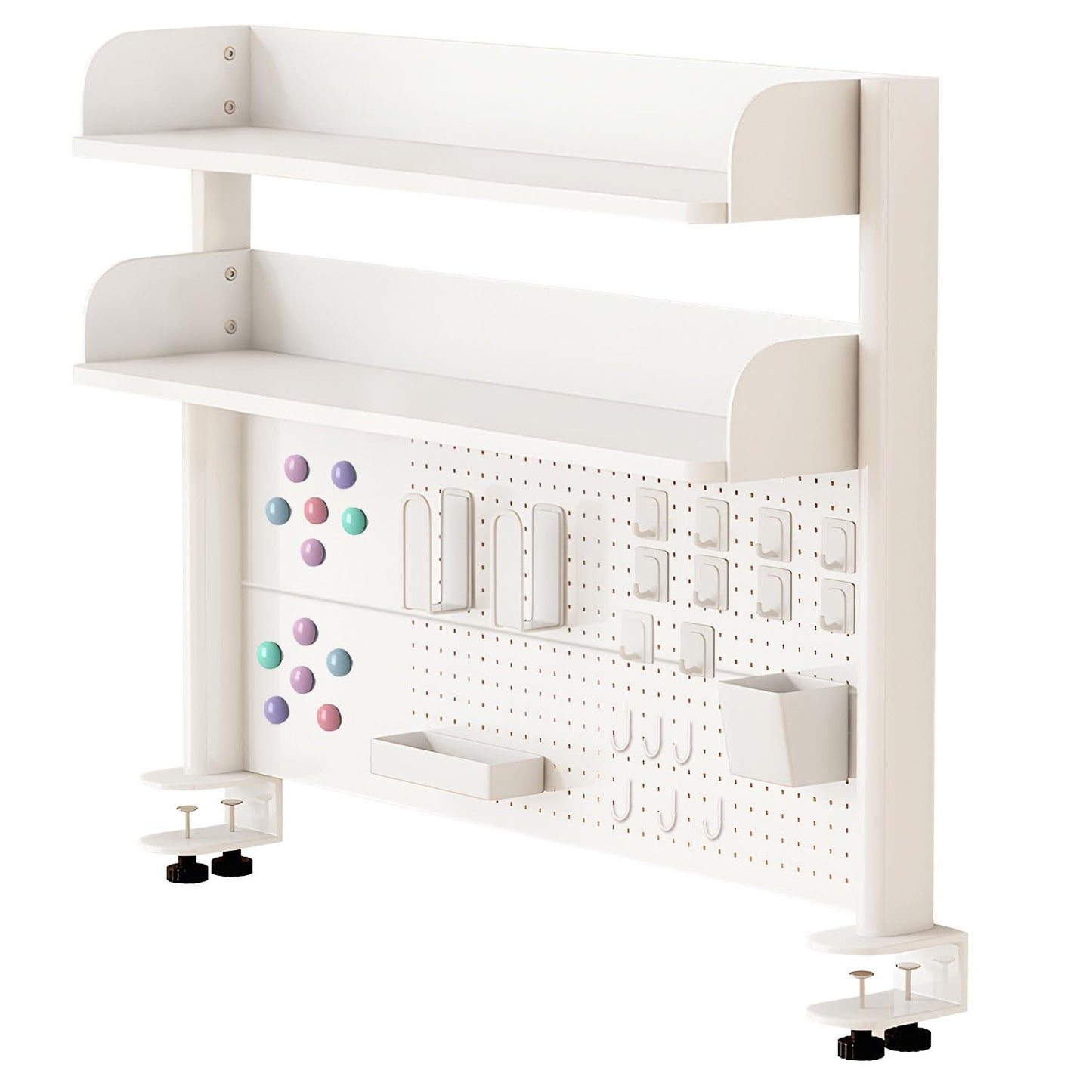 jvsufuik Clamp On Desk Organizer Shelf,White Desk Extender Pegboard Workstation,Computer Desk Accessories for Office, Desktop Shelving System,Desktop Bookshelf Storage Shelves for Desk,23.6in