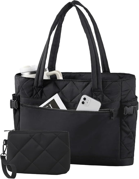 Puffer Tote Bag for Women, Work Bag with Cup Holder, Teacher Bag with Compartments, Quilted Tote Bag with Zipper for Travel