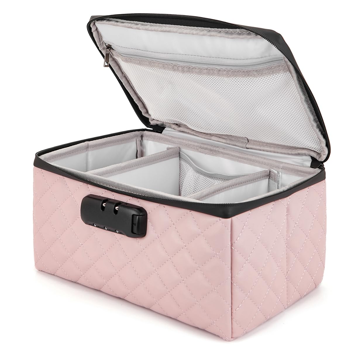 KaAutoler Portable makeup box with Lock, Large Capacity Travel Makeup Case Organizer, Makeup Bags for Girls Traveling With Handle and Divider Makeup Bag (Pink)