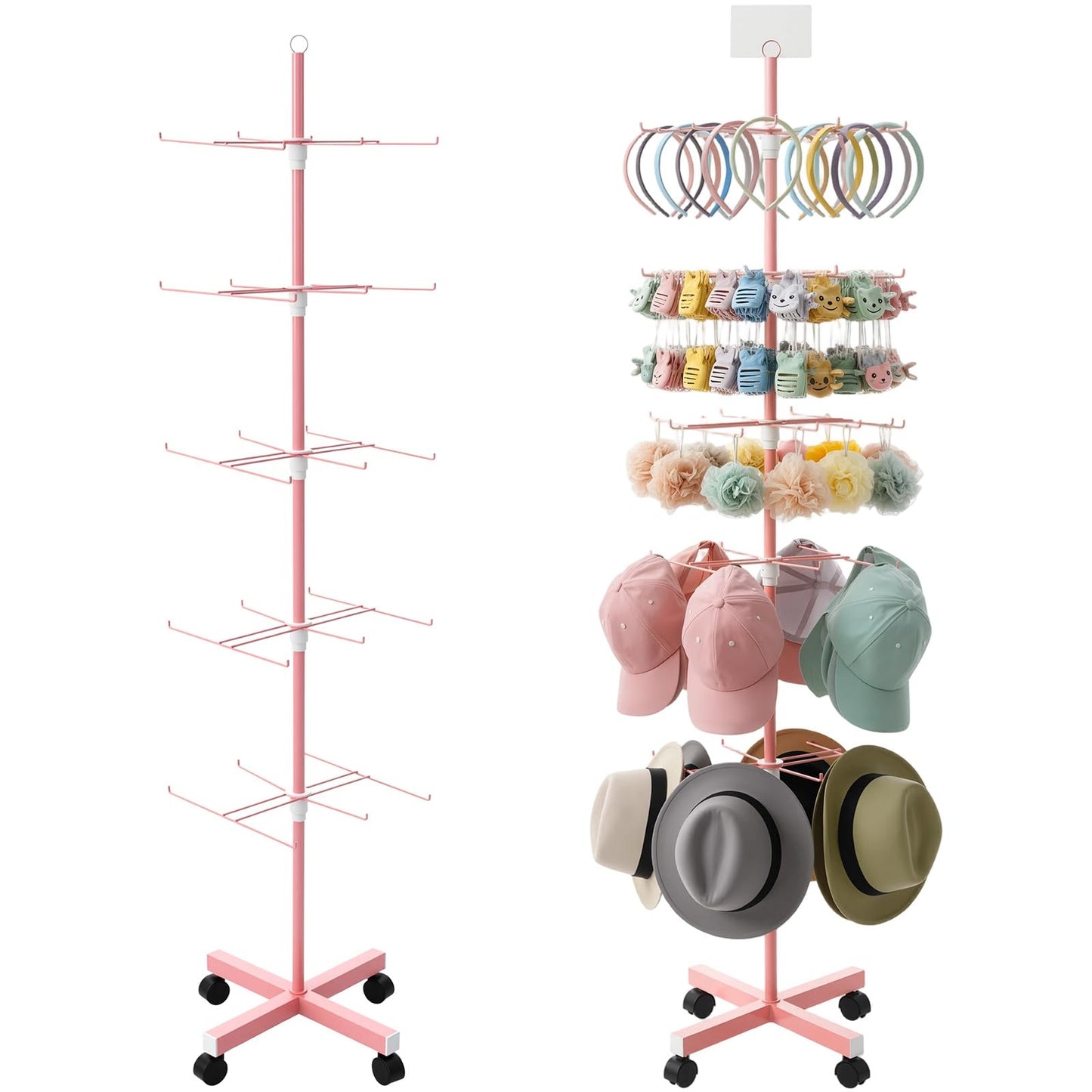 Ripeng 1 Pack 5-Tier Rotating Retail Display Stand, Adjustable Spinning Rack with Wheels for Jewelry Earrings Keychains Craft Shows Vendor Events, Pink