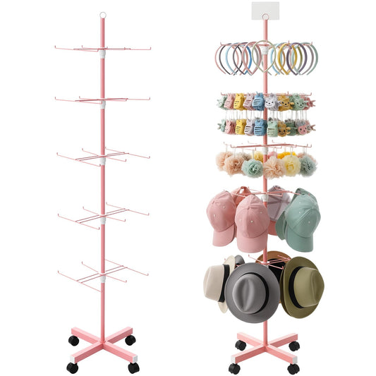Ripeng 1 Pack 5-Tier Rotating Retail Display Stand, Adjustable Spinning Rack with Wheels for Jewelry Earrings Keychains Craft Shows Vendor Events, Pink