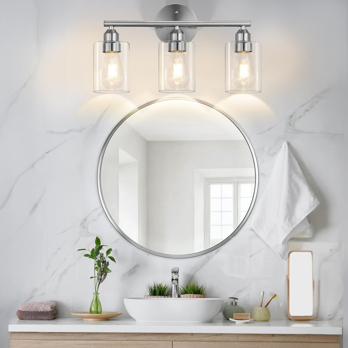Percantis 3-Light Bathroom Vanity Light Fixture, Modern Wall Lamp for Mirror with Clear Glass Shade, Silver Finish