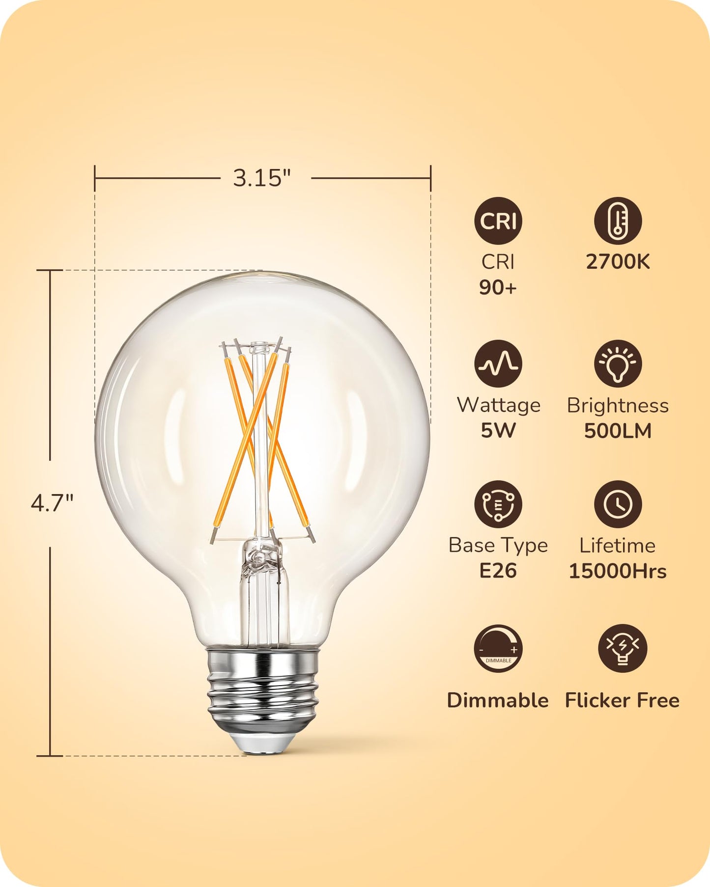 EDISHINE 6 Pack G25 Globe Light Bulbs, Dimmable Vintage LED Edison Bulbs, CRI90+ 5W Equivalent 60W, Clear LED Filament Vanity Light Bulbs, 2700K Warm White, 500LM, E26 Base