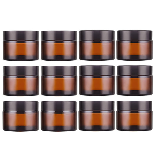 IRON BILL 1 Oz Amber Round Glass Jars with Inner Liners and Black Lids(12PCS) Empty Cream Containers Refillable Cosmetic Vials for Cosmetics, Lotions, Ointment, Body Scrubs & Balms
