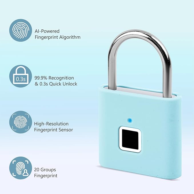 UMIKSMART Biometric Smart Lock, Keyless Fingerprint Padlock with USB Charging,Smart Padlock Gift for Students, Gym Lockers, School Lockers, Luggage, Storage Boxes, Fences, Backpacks, Fun Blue Set