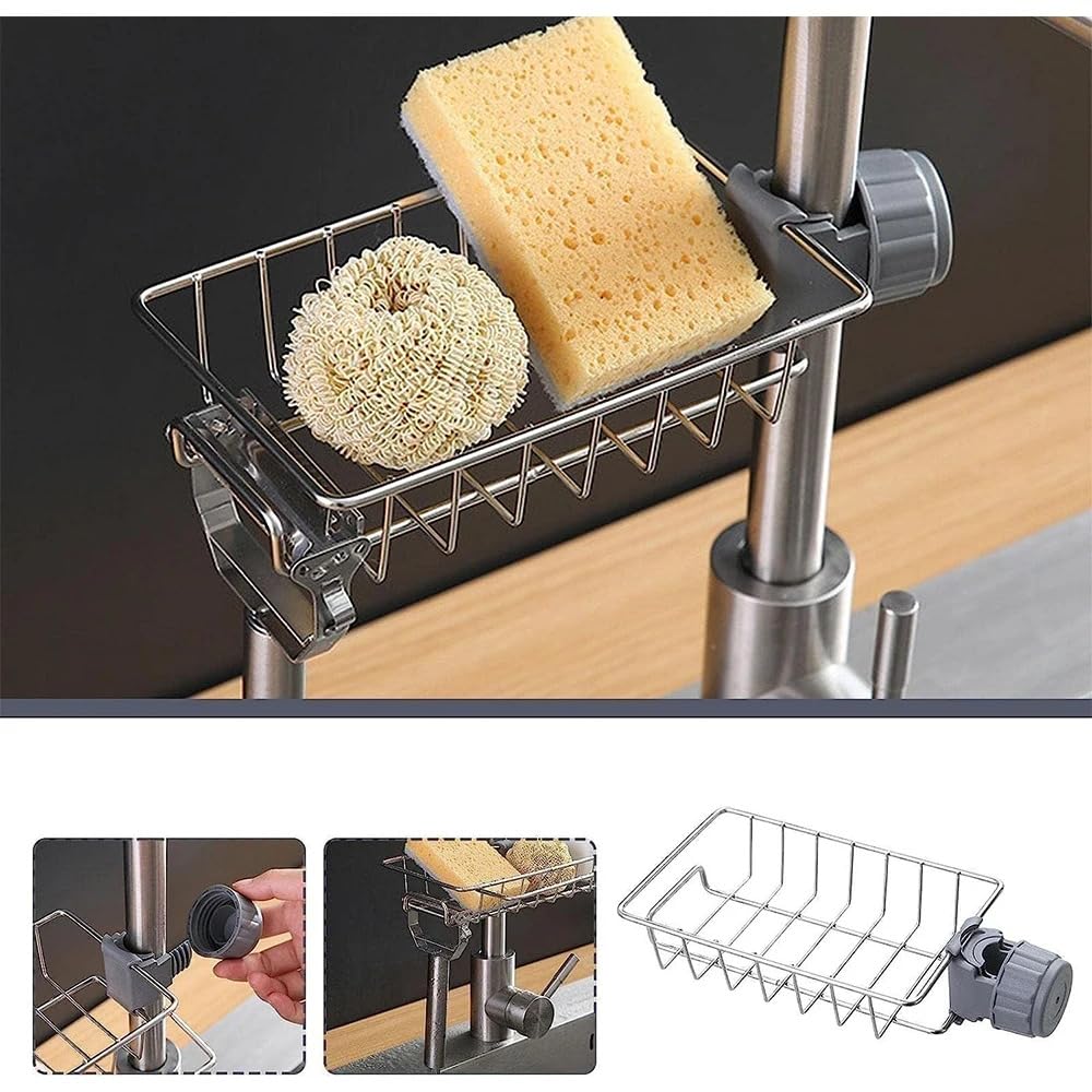LONIN Stainless Steel Kitchen Sink Organizer Caddy – Over Faucet Sponge & Brush Holder, Rust-Resistant, Adjustable Universal Fit Faucet Rack, Quick Drain Sink Space Saver