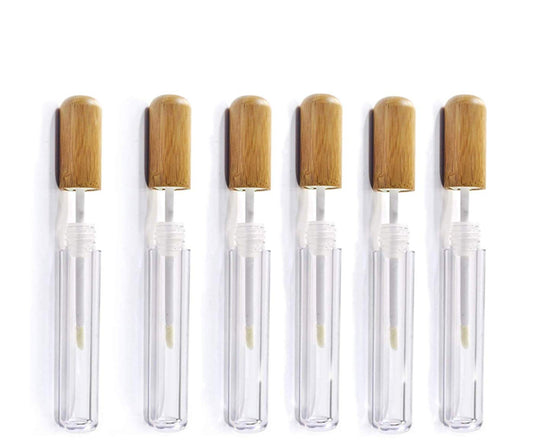 Healthcom 6 Pieces 6ml Bamboo Lip Gloss Tubes Empty Refillable Plastic Lip Balm Bottles Vials with Wand DIY Lipstick Tubes Lipgloss Tube Travel Cosmetic Container Samples for Girl Women Makeup