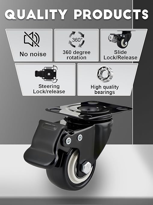 2 Inch Caster Wheels Set of 36 Heavy Duty Casters,with Brake,No Noise Locking Polyurethane (PU) Wheels, for Furniture and Workbench Load 800lbs