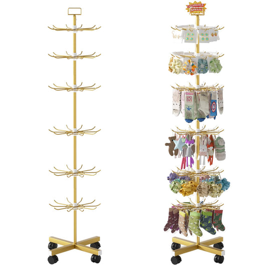 Exttlliy Retail Display Stand Store Display Rack 6 Tier Metal Spinning Display Stand Rack with Wheels Keychain Jewelry Stocking Hat Stand with Hooks for Malls, Showroom, Retail Store (6 Tier Gold)