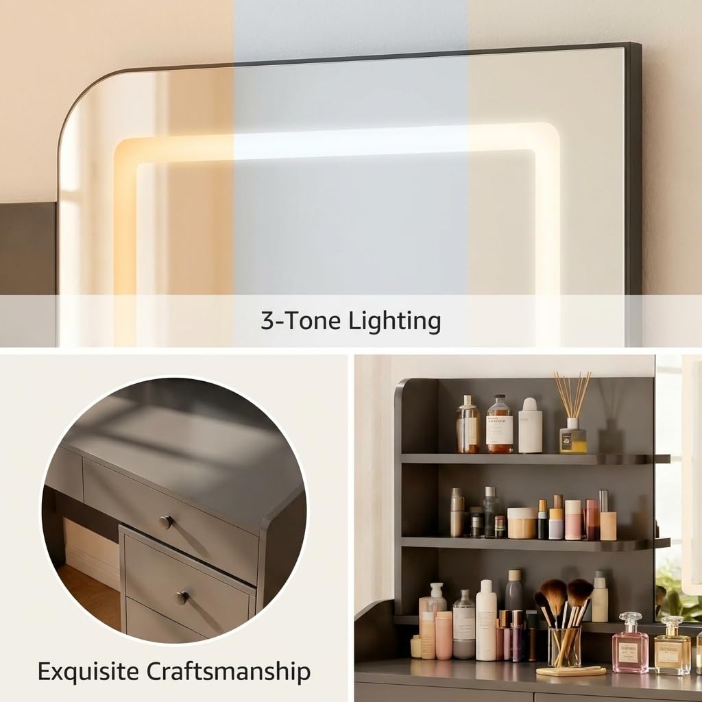 Oiroporz Vanity Desk with LED Mirror, Movable Cabinet, 5 Drawers & Open Shelves, 3-Color Adjustable Lighting for Bedroom