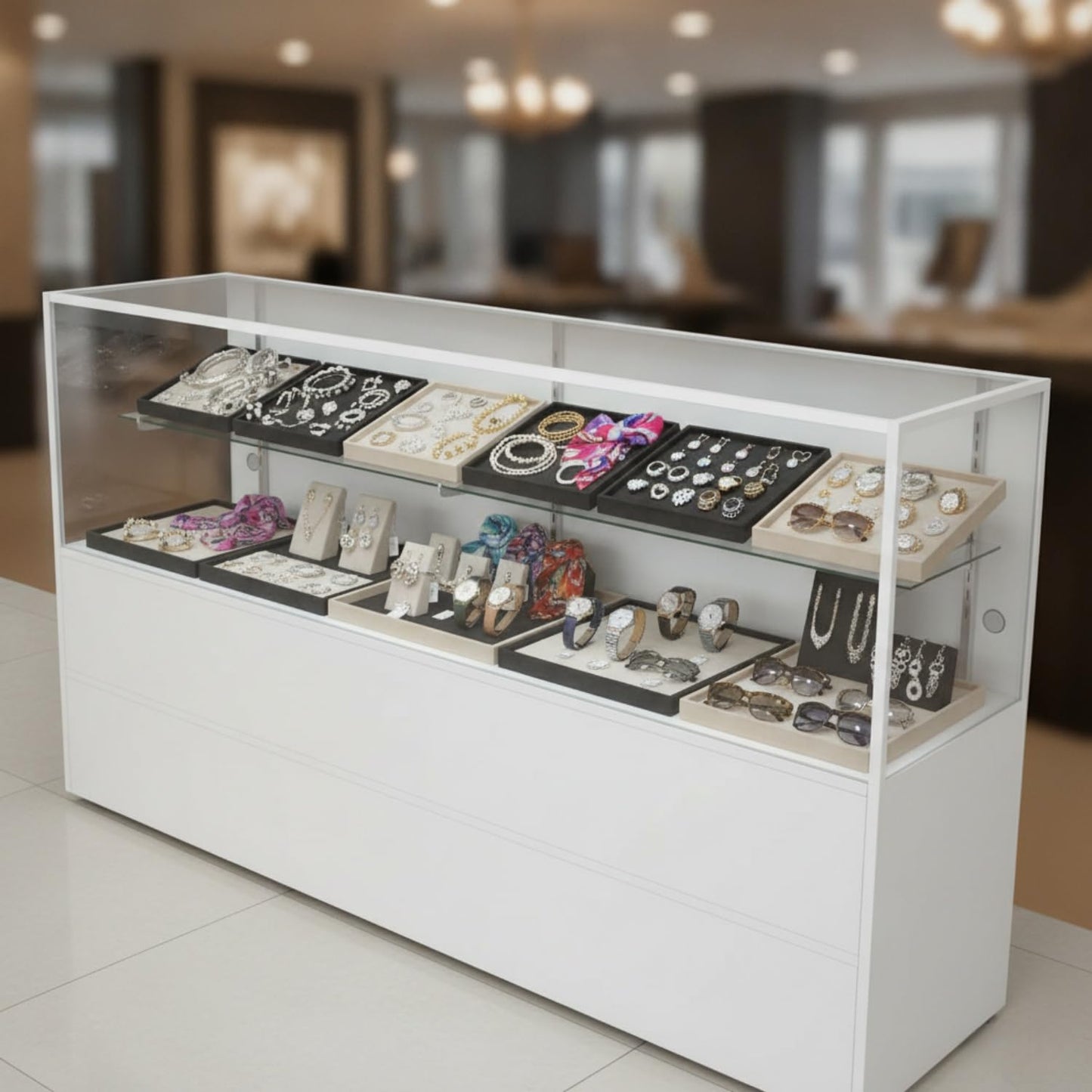 60" W x 18" D x 38" H - White Full View Retail Display Case, Illuminated Glass Display Cabinet with Adjustable Glass Shelves and Storage Space, Suitable for Retail and Collectible Display