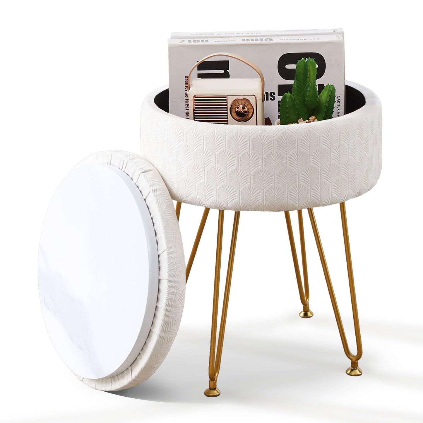 Cpintltr Velvet Storage Ottoman Round Footrest Stool Multifunctional Upholstered Ottoman Modern Accent Vanity Stools Tray Top Coffee Table Suitable for Living Room Bedroom Entryway Cream