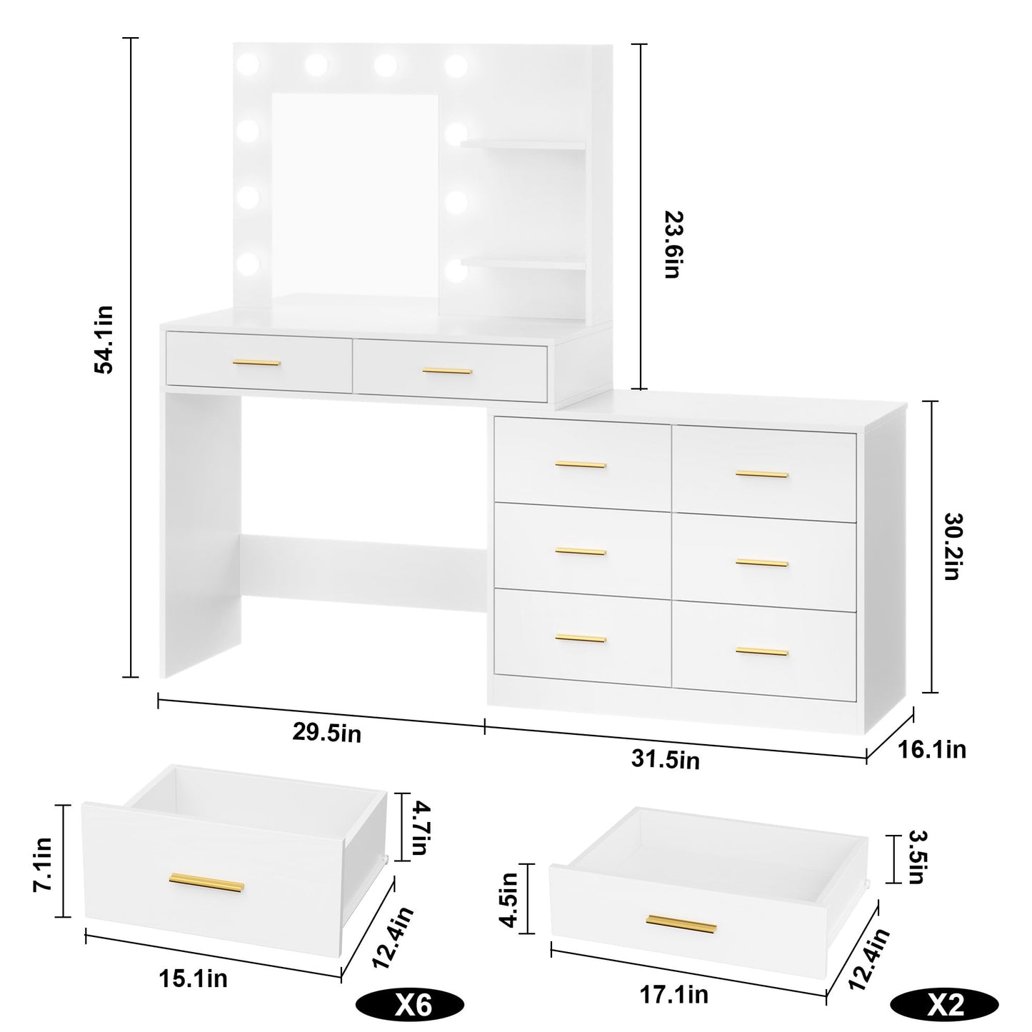 GarveeHome 61 in Make Up Vanity Desk with Mirror and Lights, White Vanity with 8 Wide Storage Drawers & 2 Tier Shelves, 3 Lighting Modes with Adjustable Brightness for Bedroom