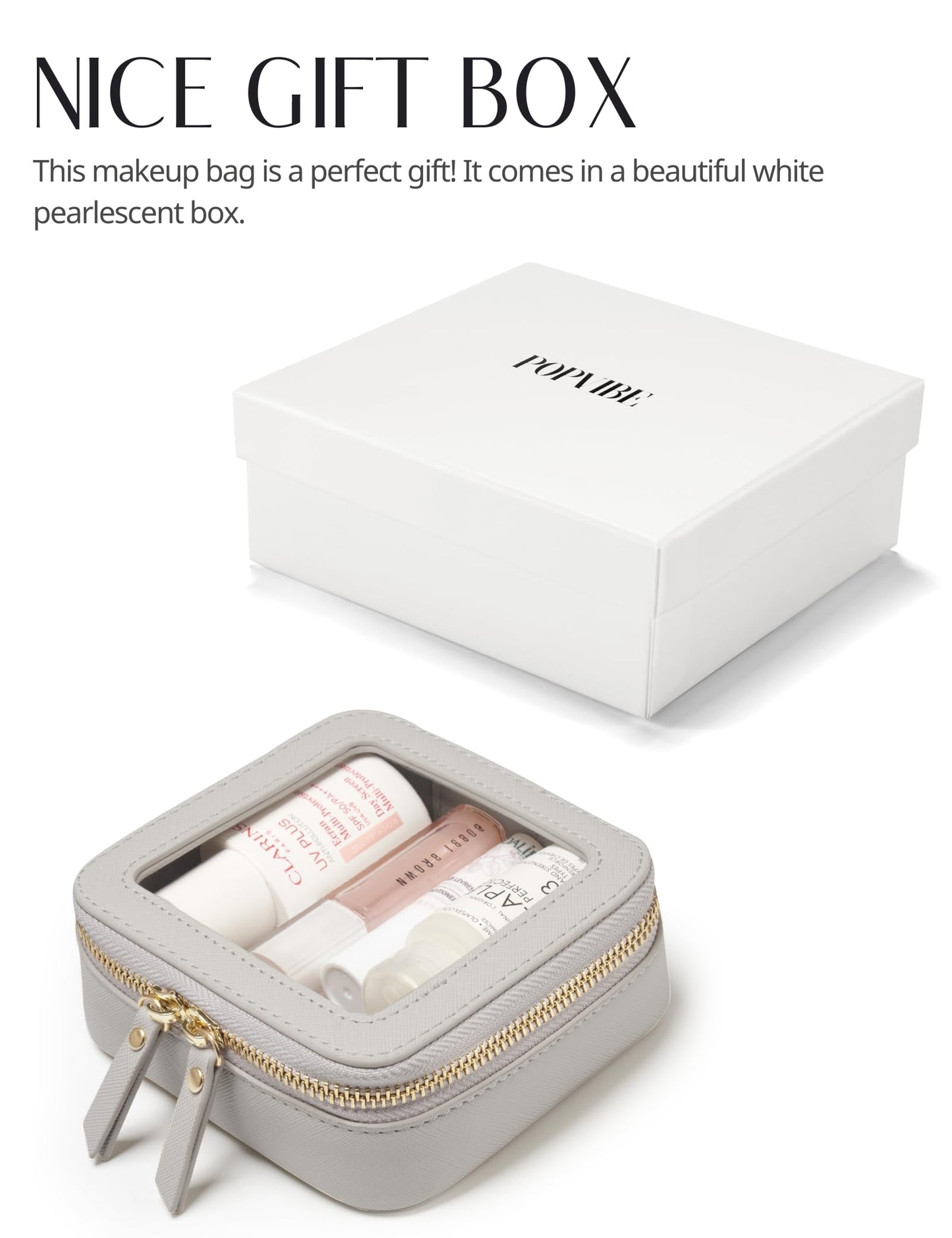 Popvibe Small Cosmetic Bag for Purse Mini Makeup Bag Cute Clear Make Up Pouch for Travel Tiny Leather White Make Up Organizer Case for Backpack Toiletry Bag Waterproof Square Pouch with Zipper