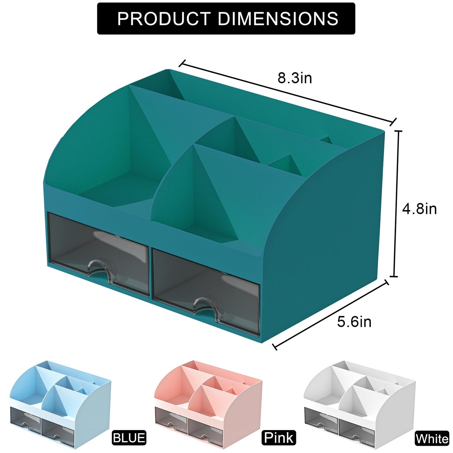 COMFYROOM Desk Organizer with 6 Compartments and 2 Drawers, Plastic Makeup Organizer, Pen Holder for Desktop Storage, Desk Organization for School, Home, Office Supplies (Dark Green)