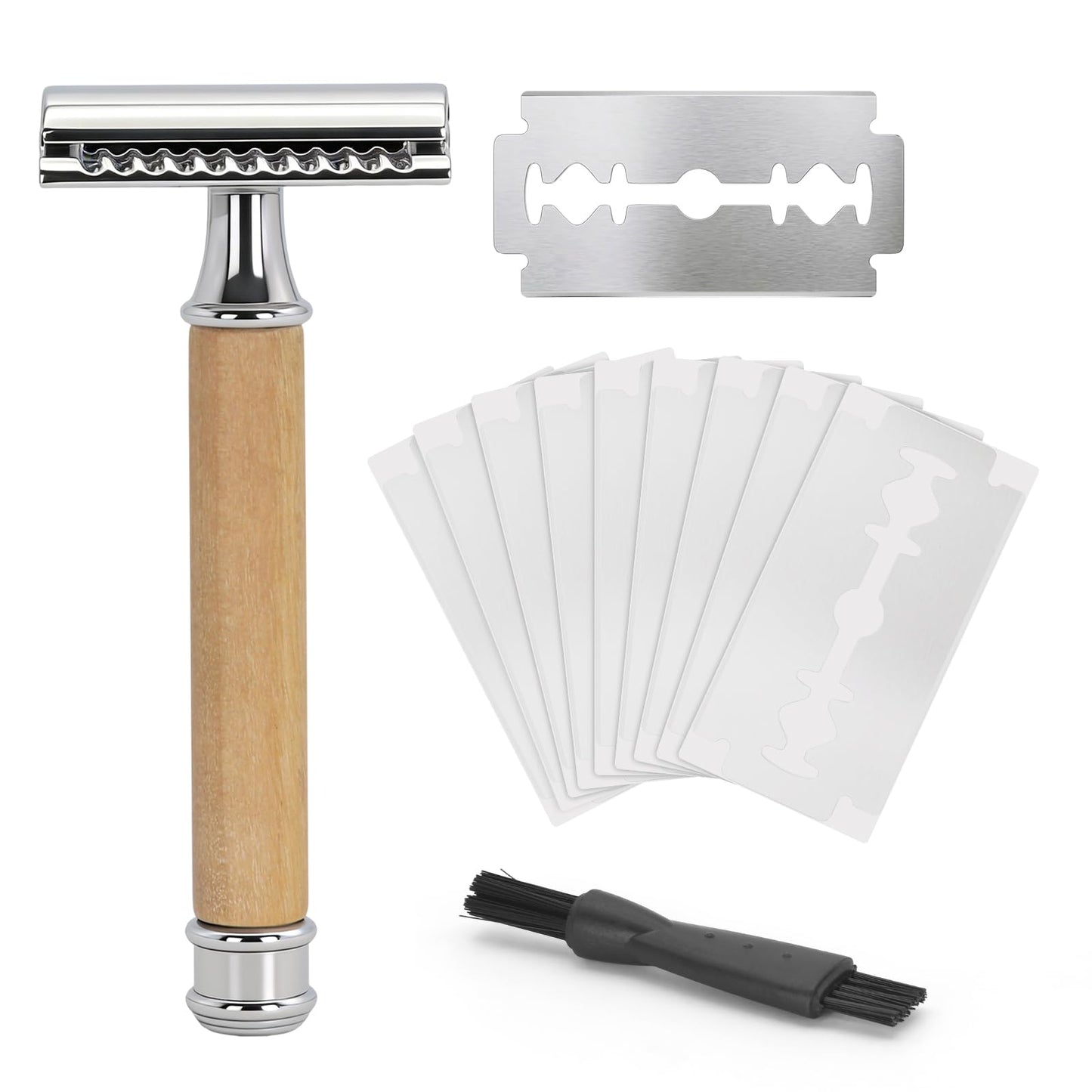 Shaving Brushes Set For Men, 5 In 1 Shaving Brush Kit Includes Badger Hair Shave Brush, Safety Men's Razor, Stainless Steel Shaving Bowl, Shaving Stand and Soap (Wood Handle With Razor)