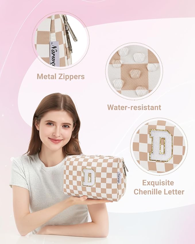 Narwey Birthday Gifts for Women Teen Girls Kids Personalized Initial Checkered Makeup Bag Cute Cosmetic Bag Trendy Stuff 6 8 10 11 12 13 14 16 18 Years Old Travel Toiletry Bag (Brown Letter D)