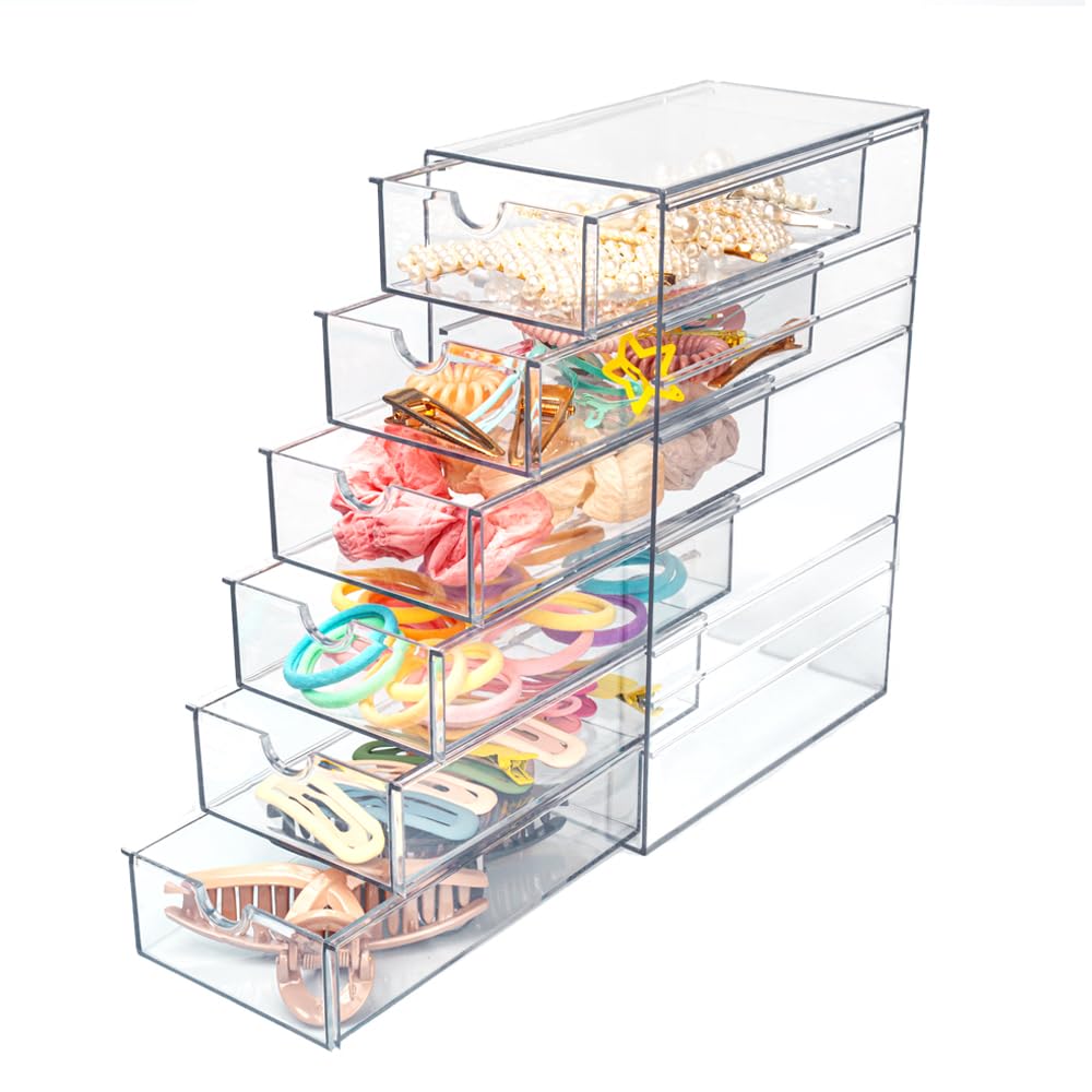 Clear Hair Accessories Organizer Box with 6 Layers, Acrylic Stackable Storage Drawers for Hair Ties, Claw Clips, Bow Holder for Girls, Vanity Makeup Organizer, Bathroom or Desk Countertop Container
