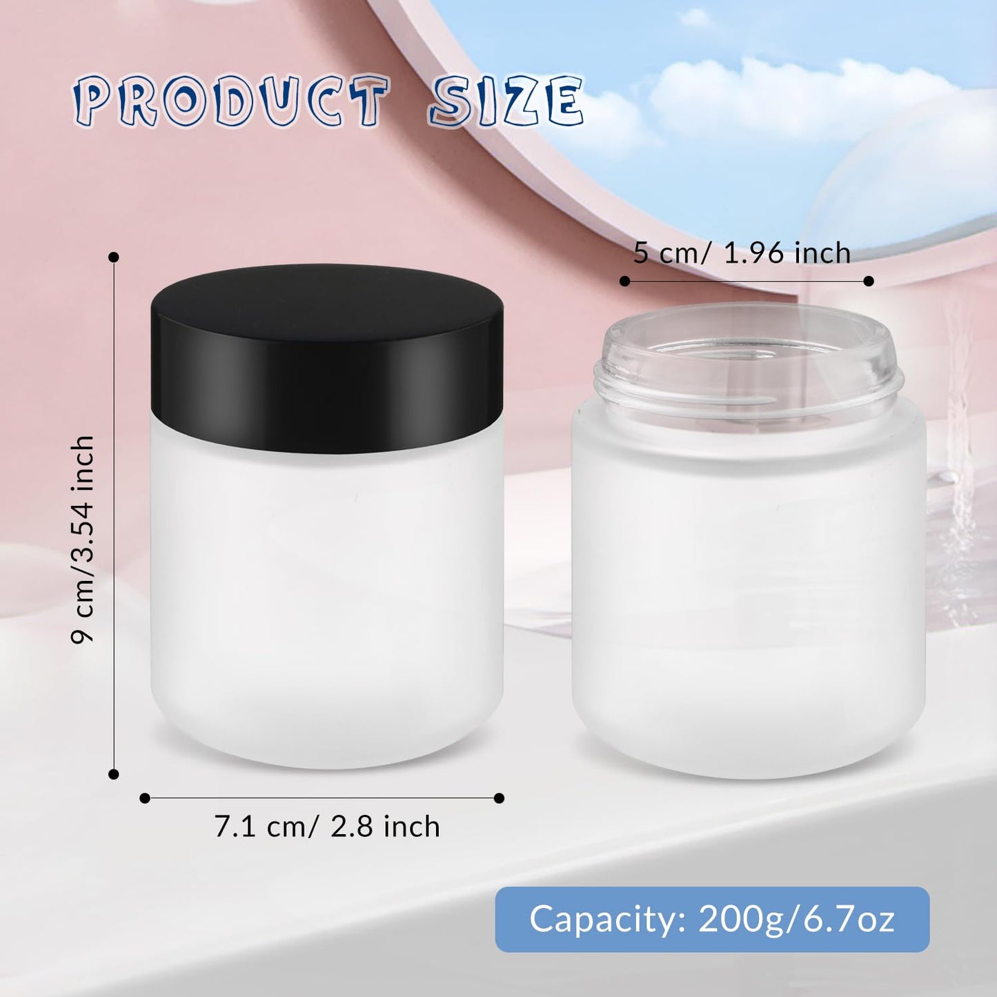 6 Pcs 200ml/6.7oz Frosted Glass Jars Empty Cosmetic Pot Refillable Cream Container Bottle with Black Lids for Lotion Face Cream DIY Makeup Toiletries - White
