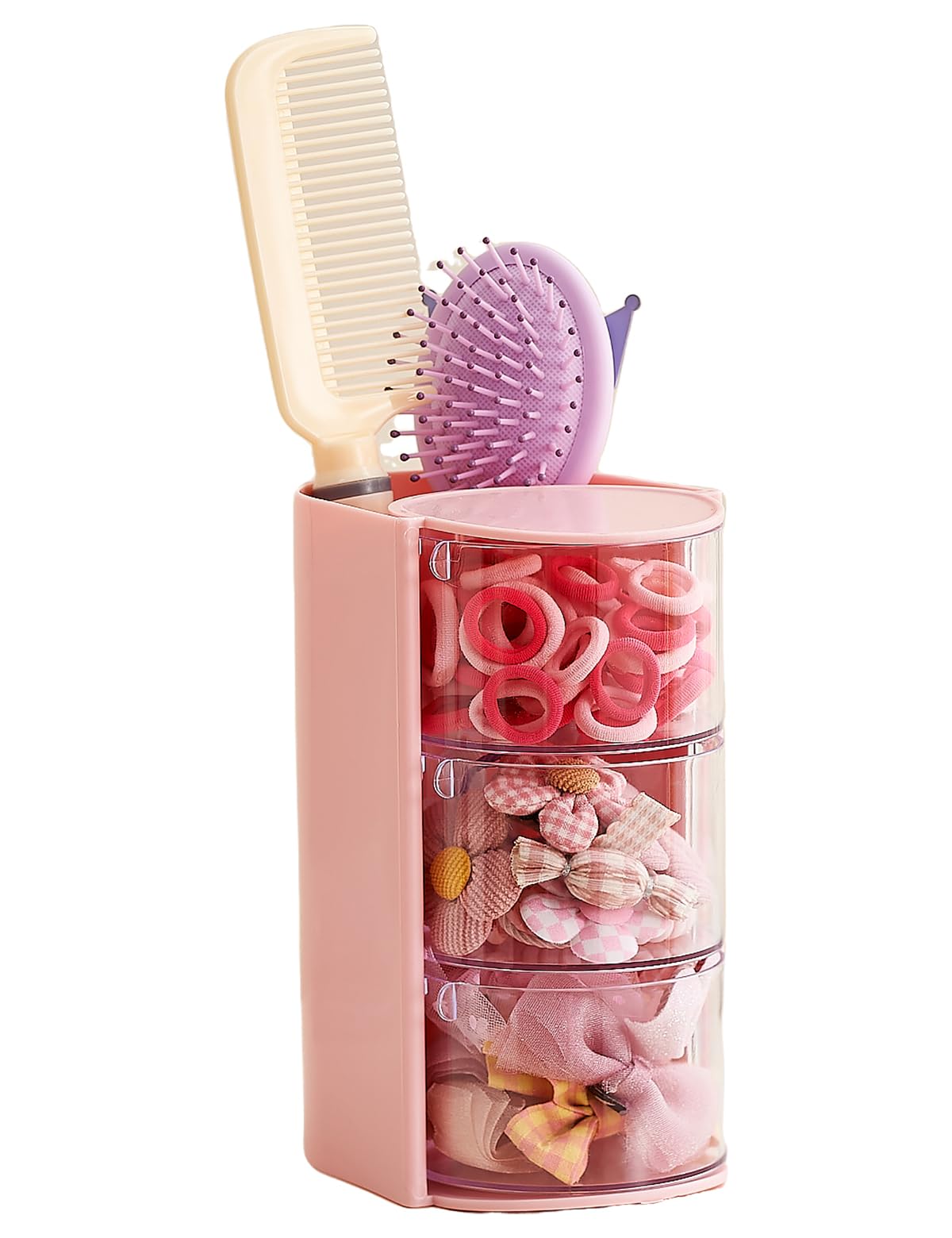 UFORU Hair Accessories Organizer with Hair Brush Holder, 3 Drawer Rotatable Hair Tie Organizer for Makeup Brushes, Hair Clips, Earrings, Necklaces, Bracelets and Hair Accessories, Pink, 3-Layer