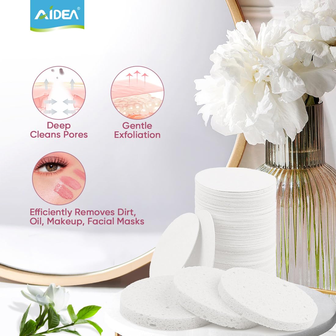AIDEA Compressed Facial Sponges 96Count White, Round, Face Sponges for Cleansing, Travel Essentials, Natural Cellulose Cosmetic Makeup Sponge for Facial Cleansing, Exfoliating, Makeup Removal