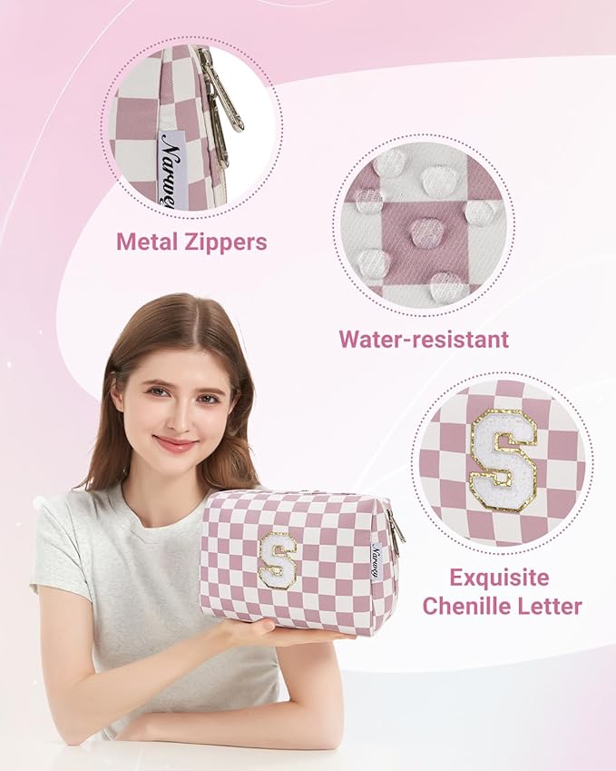 Narwey Birthday Gifts for Teen Girls Kids Women Personalized Initial Checkered Makeup Bag Pink Monogram Cosmetic Bag Trendy Stuff 6 8 10 11 12 13 14 16 18 Years Old Travel Toiletry Bag (Dusty Rose S)