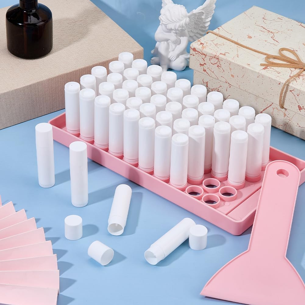 DICOSMETIC Lip Balm Tubes with Pink Filling Tray and Spatula Set Including 50Pcs 5G White Empty Lip Balm Containers with Caps for DIY Homemade Lipsticks, Solid Perfume