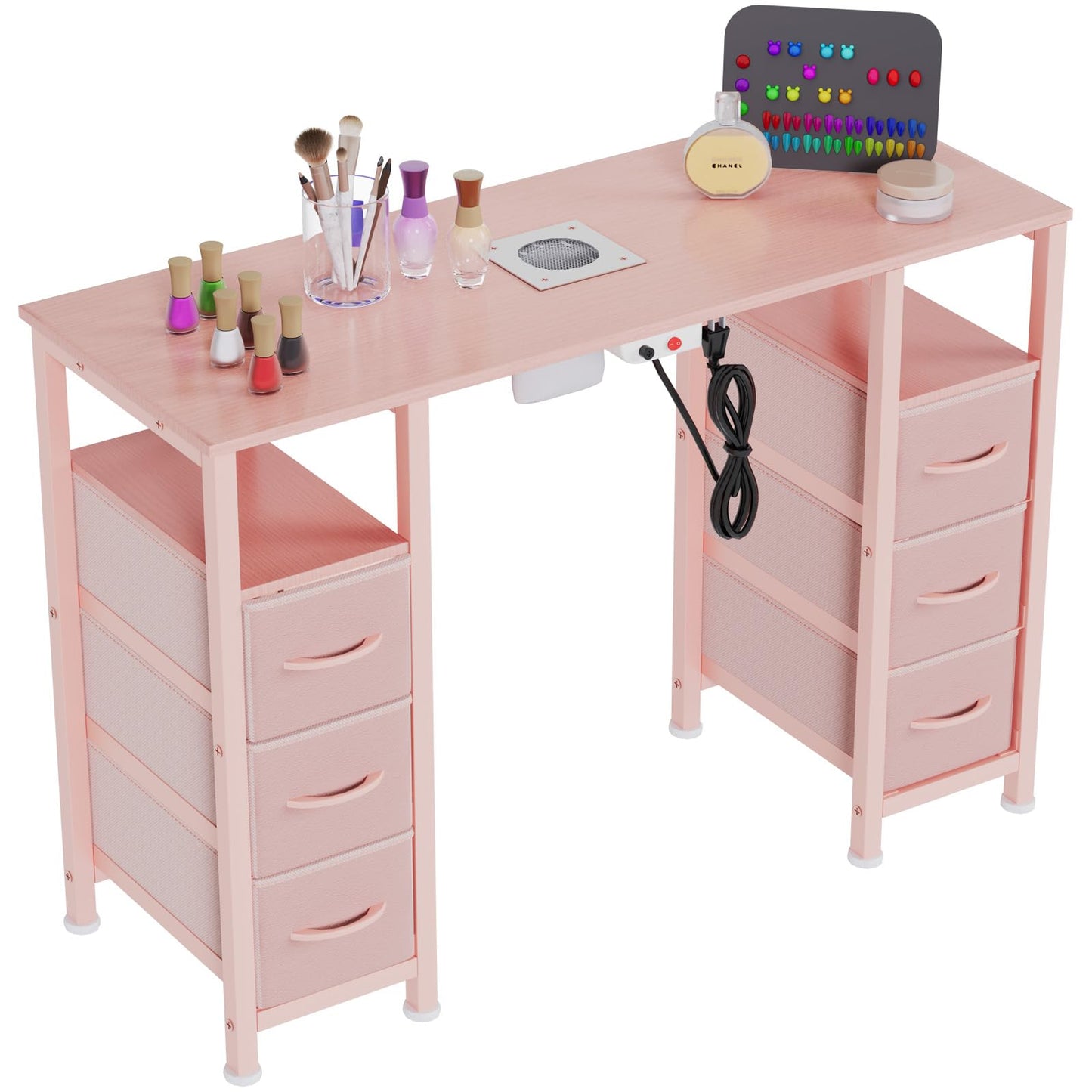WODRAWER Manicure Table Nail Desk for Nail Tech, Nail Beauty Table w/Electric Dust Collector & 6 Storage Drawers & Open Shelves for Home, Workshop, Makeup Beauty Salon Workstation (Pink)
