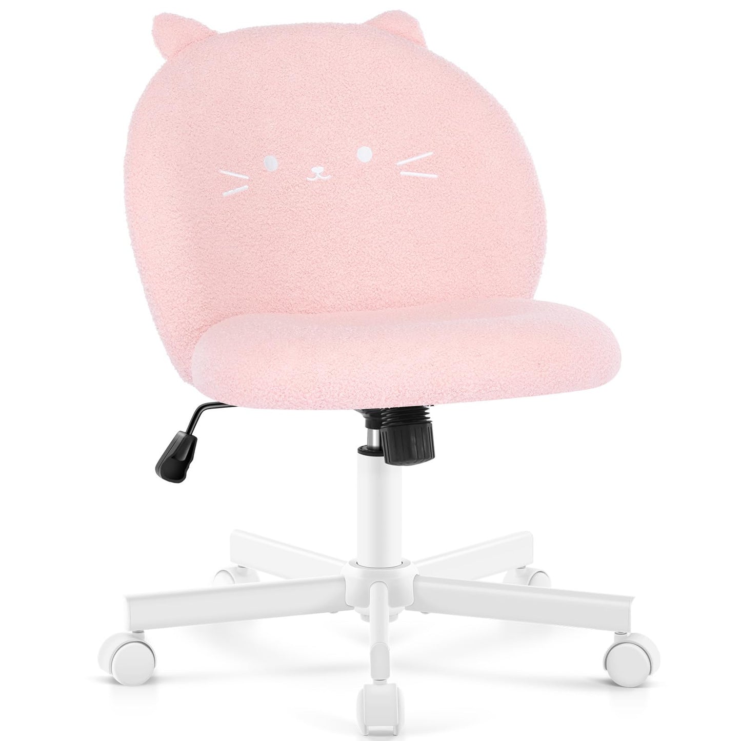 Morkprism Vanity Chair with Cat Back,Armless Desk Chair Cute Small Office Chair,Teddy Fabric Computer Chair with Adjustable Height,120°Tilting,Rolling,Swivel for Vanity,Kids Room,Office,Bedroom Pink