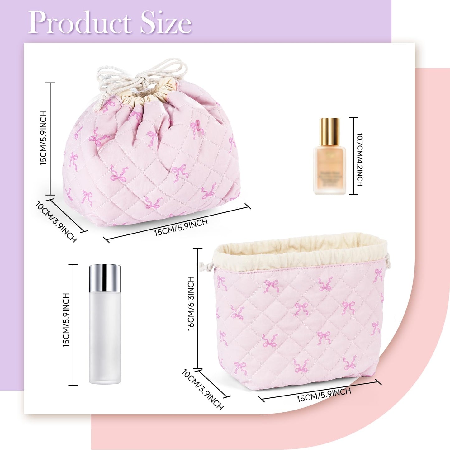Playexen Quilted Drawstring Makeup Bag, Coquette Small Cosmetic Bag for Purse, Portable Cute Travel Makeup Pouch for Daily Use/Birthday/Party/Christmas (Cherry)
