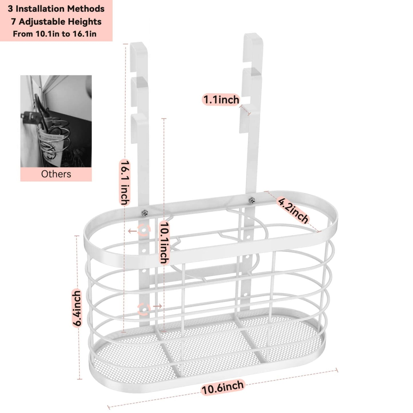 Hair Dryer Holder 3 in 1 Hair Tool Organizer Djustable Height Wall Mounted/Cabinet Door Bathroom Organizer Under Sink for Flat Irons, Curling Wands, Hair Straighteners