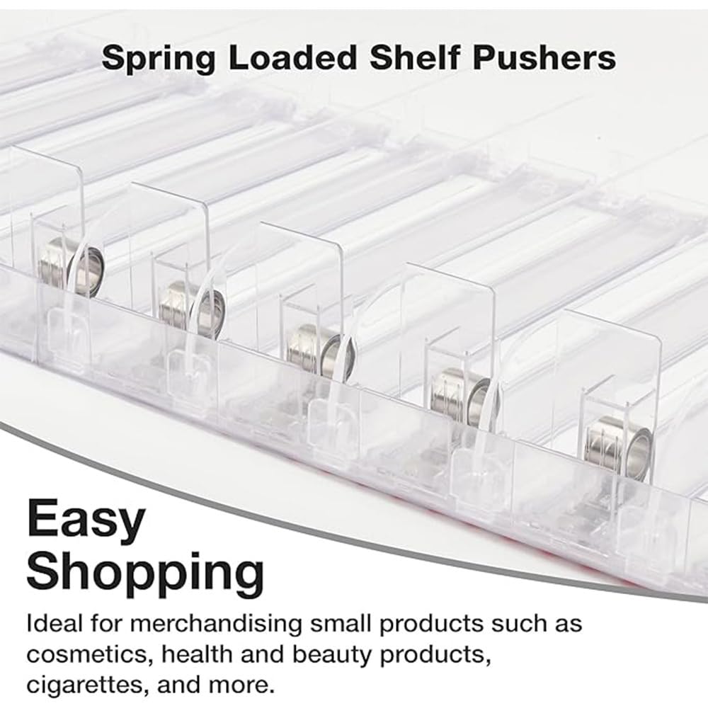 NEXTLEVEL FIT 20-Pack 4 FT Spring-Loaded Shelf Pushers for 12-Inch Gondola Shelves – 11N Strength, Weight Capacity Up to 29–38 oz Products