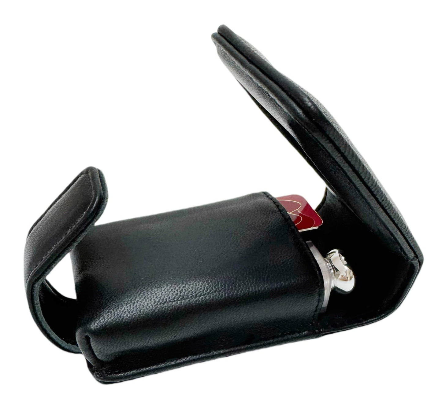 AgentMoon Handheld Lipstick Pouch with Mirror,Genuine Leather Lip Balm Case with Clamshell Magnetic Hidden Clasp.Portable Travel Cosmetic Case for Women Gift. 4.1x2.3x1.8 inches (Black)