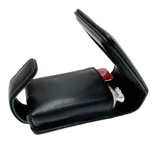 AgentMoon Handheld Lipstick Pouch with Mirror,Genuine Leather Lip Balm Case with Clamshell Magnetic Hidden Clasp.Portable Travel Cosmetic Case for Women Gift. 4.1x2.3x1.8 inches (Black)