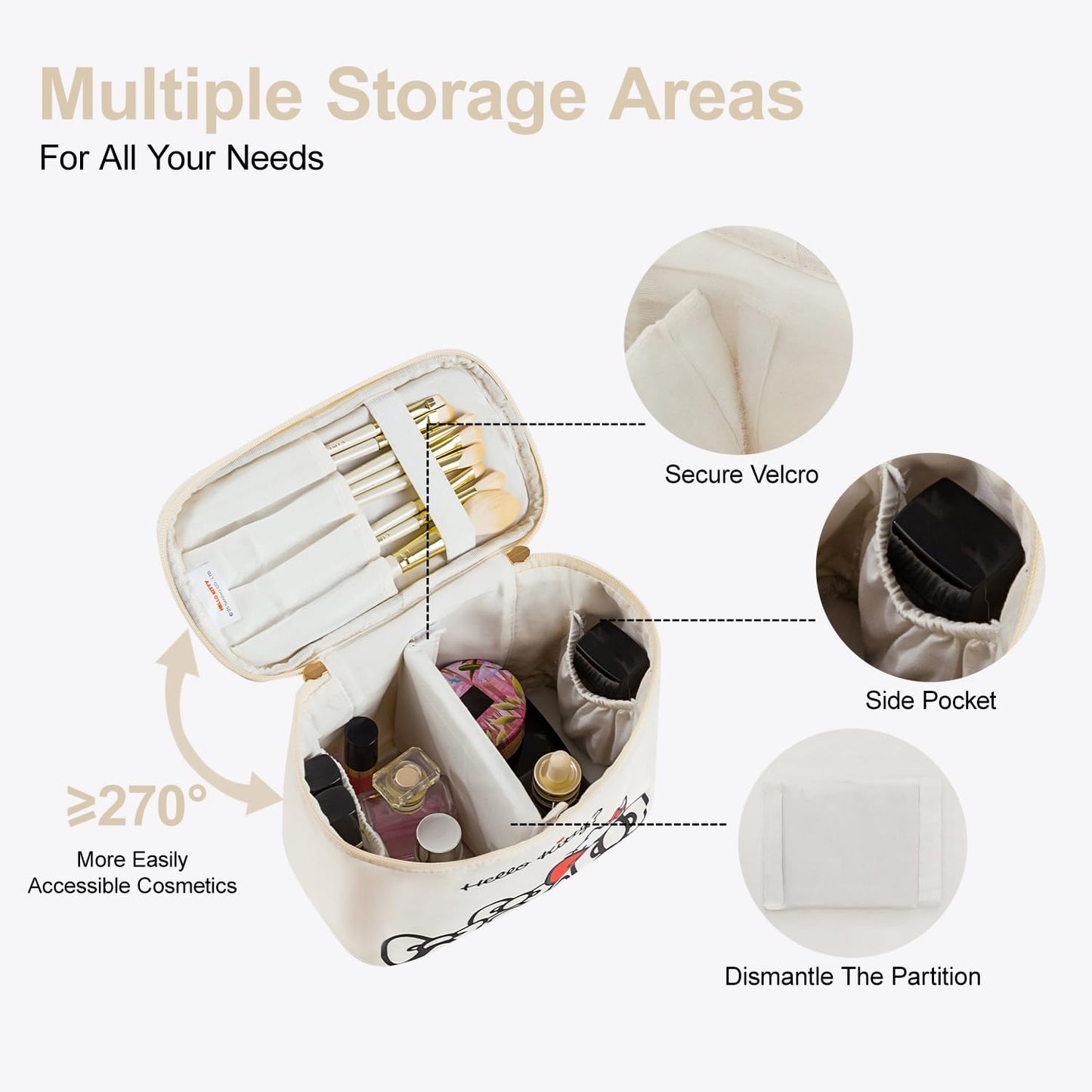AmBealla Makeup Bag Large Waterproof Cosmetic Bags with Divider and Brush Holder,Cute Printed Makeup Organizer for Women Traveling,Portable Toiletry Bag for Girls