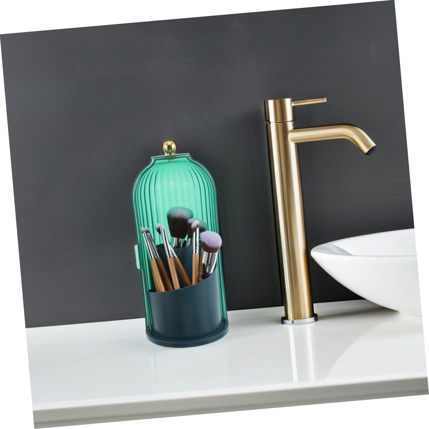 SMASOLO Rotating Makeup Brush Holder with Dustproof Cover 360 Clear Cosmetic Organizer for Vanity and Bathroom Countertop 9.64X4.72X4.72 Inches