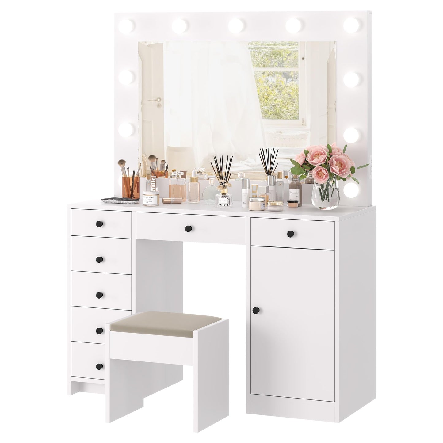Garvee Makeup Vanity w/Lights Mirror, Desk & Table w/Charger, 7 Drawers, 1 Cabinet, 3 Color Lighting Modes, Wooden Dressing Table for Bedroom, White