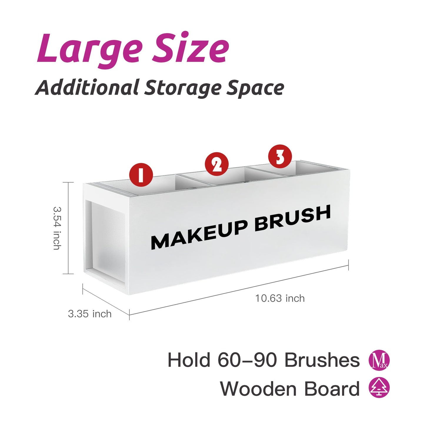 Suli Large Makeup Brush Holder Organizer, Wooden Cosmetic Brushes Storage with 3 Slots, Eyeliners Display Case for Vanity Desktop Bathroom Countertop -White