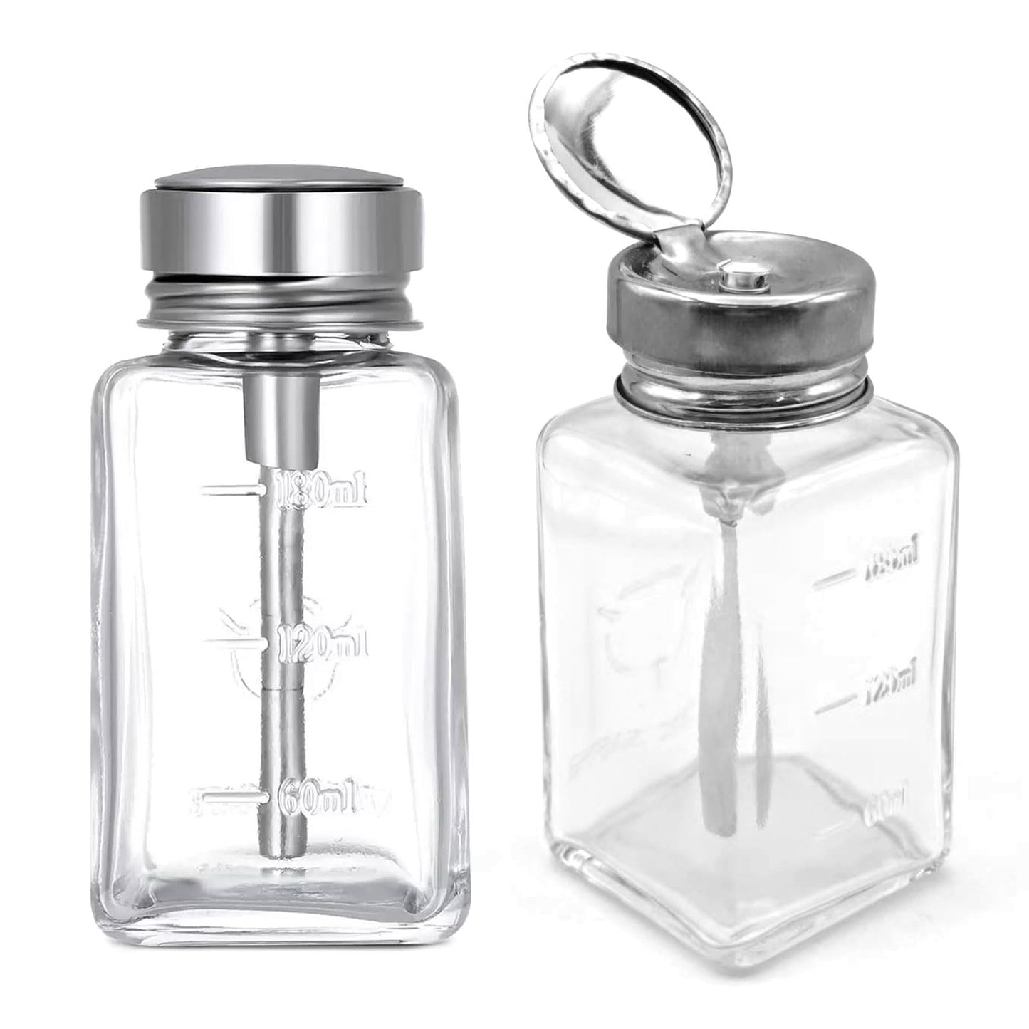 2 Pcs 6 Oz/ 180 ml Clear Pump Dispenser Bottle with Metal Flip Cover Glass Nail Polish Remover Push Down Dispenser Bottle Refillable Push Down Pump Dispenser Press Container for Makeup Remover
