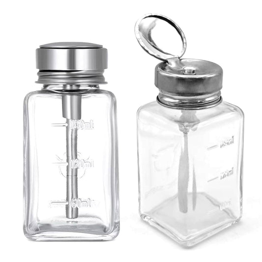 2 Pcs 6 Oz/ 180 ml Clear Pump Dispenser Bottle with Metal Flip Cover Glass Nail Polish Remover Push Down Dispenser Bottle Refillable Push Down Pump Dispenser Press Container for Makeup Remover