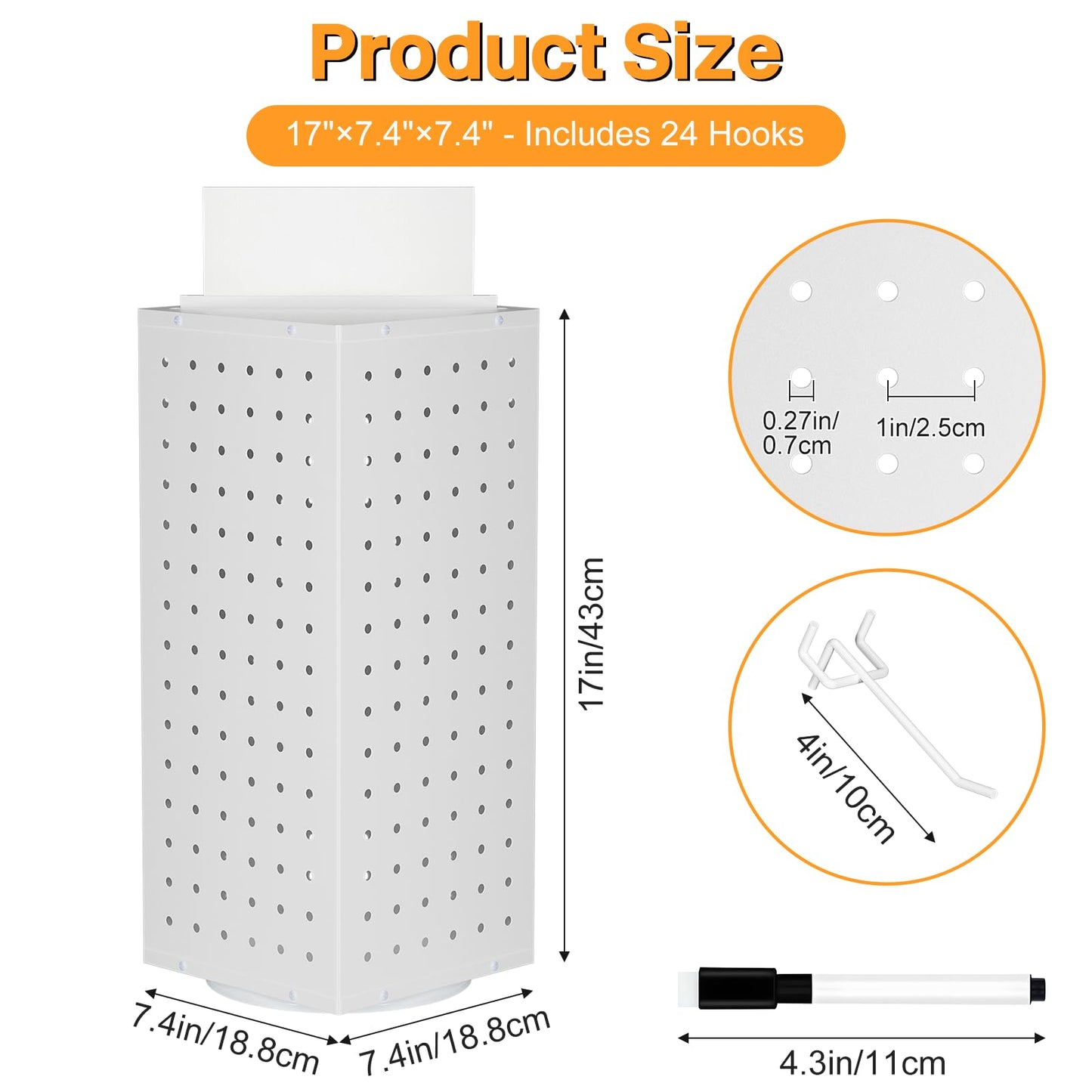 VACONICO Rotating Pegboard Display Stand with 24 Hooks, Tabletop Metal Peg board Shelf for Craft Shows & Fairs, Retail Stores, Vendors Arts and Crafts Finishing - 4-Sided Craft Rack Organizer (White)