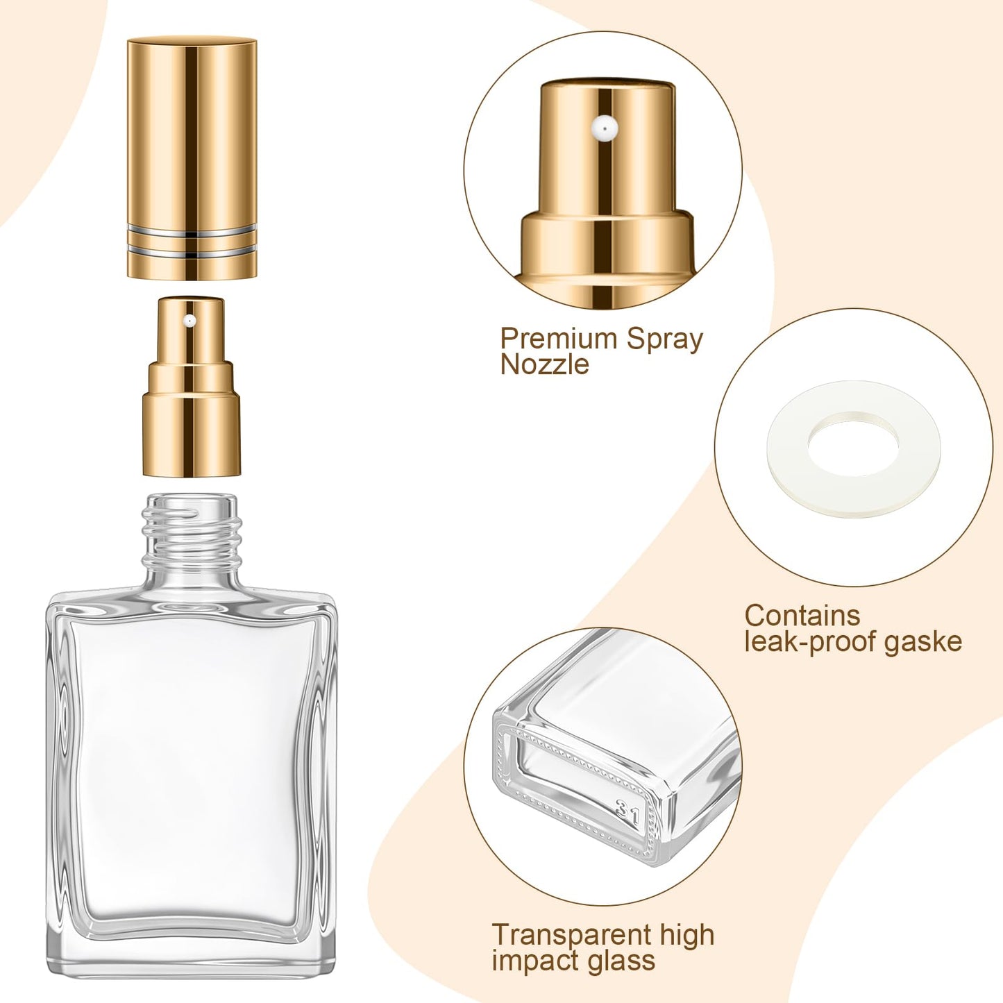 Domensi 30 Pcs 10/15/30/50 ml Glass Square Perfume Bottles Mini Glass Empty Spray Atomizer Bottles Bulk Refillable Perfume Dispenser Container with Pump Tool for Travel (30 ml,Gold)