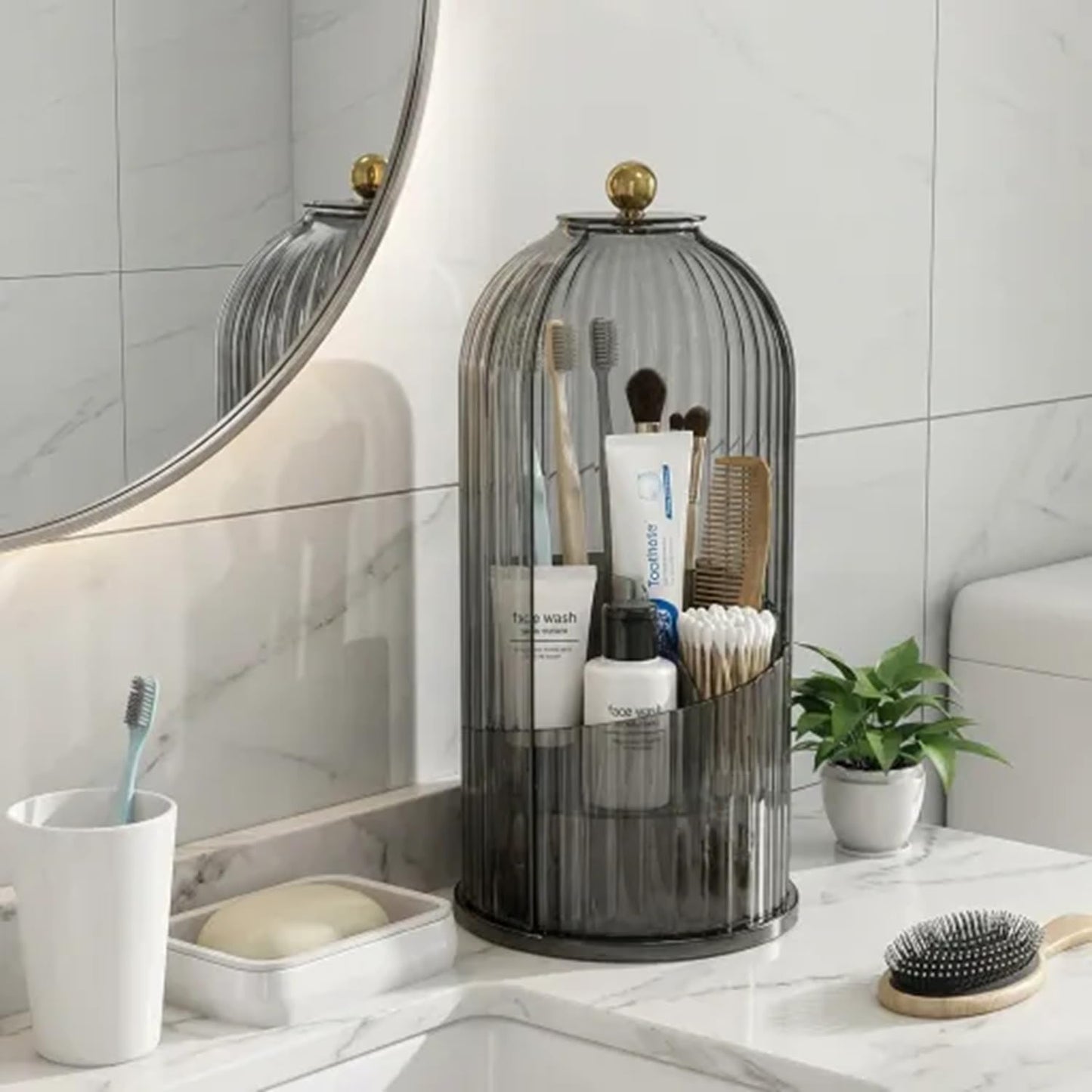 sagact Makeup Brush Holder with Lid 360° Rotating 3-Compartment Makeup Organizers for Vanity, Waterproof & Dustproof Cosmetic Storage Box for Dressing Table (Transparent Black)
