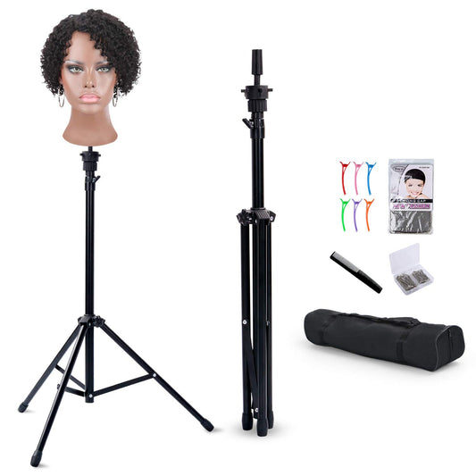 Klvied Reinforced Wig Stand Tripod for Mannequin Heads, Adjustable 34.64-51.48 Inch Wig Head Stand with 0.8 Inch Top Base, Carrying Bag, T-Pins, Wig Caps, Comb and Hair Clips