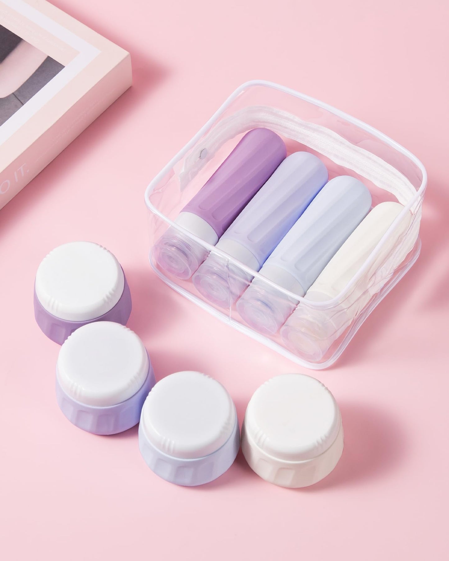 Mrsdry Travel Size Toiletries 8 Pack, TSA Approved 3oz Silicone Squeeze Bottles & Cream Jars with Clear Travel Bag