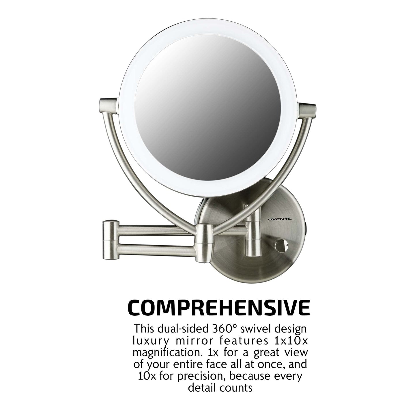 Ovente 7.5" Lighted Wall Mount Makeup Mirror, 1X & 10X Magnifier, Spinning Double Sided Round LED w/ Dimmer Switch, Extend, Retractable & Folding Arm, Battery USB Powered Nickel Brushed MLW75BR1X10X